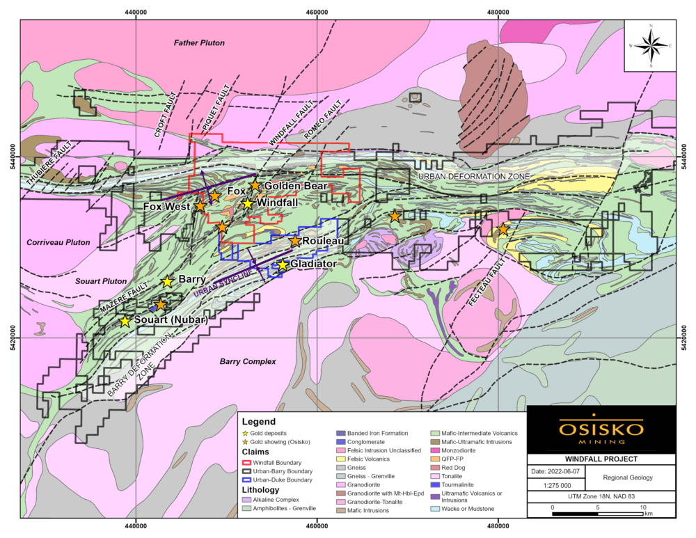 Figure 3 Geological map of the Urban Barry greenstone belt showing the geology, structures, and location of various gold deposits and showings